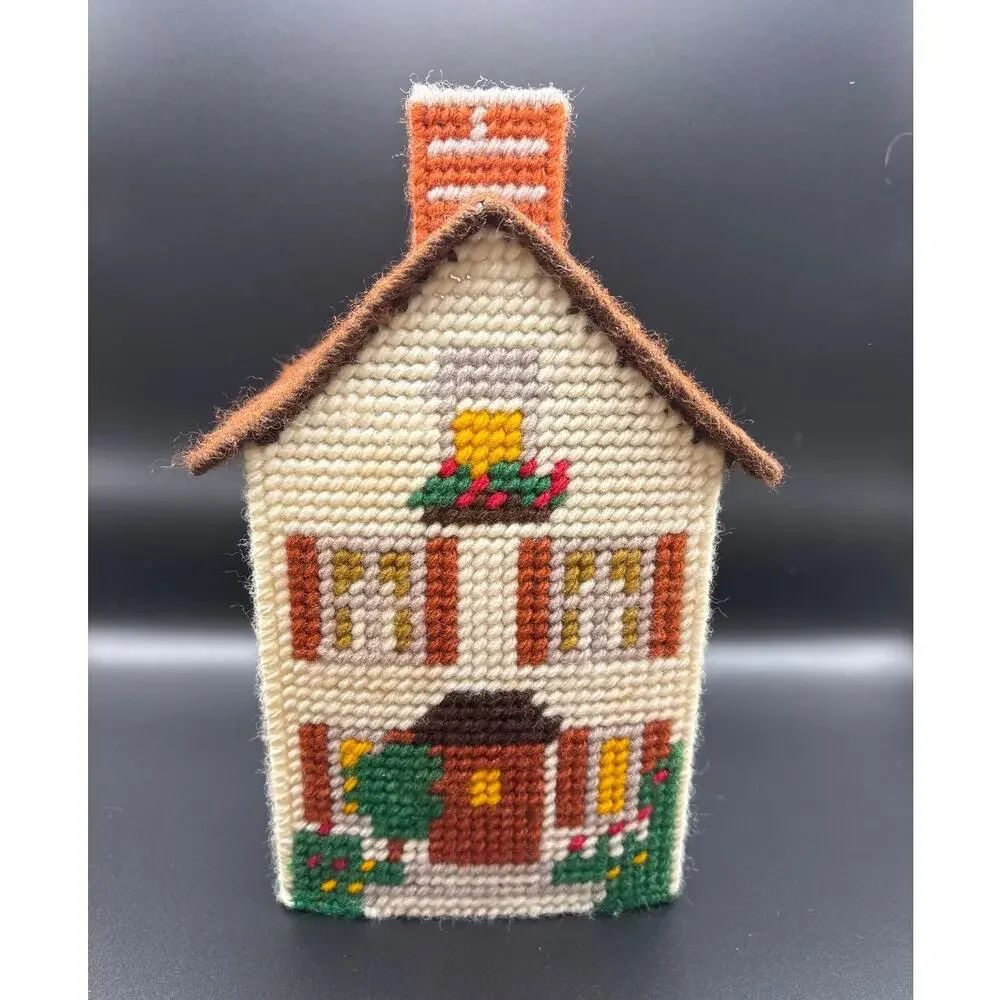 Vintage Yarn Plastic Canvas Tissue Box Cover Cottage House Retro with Tissue Box